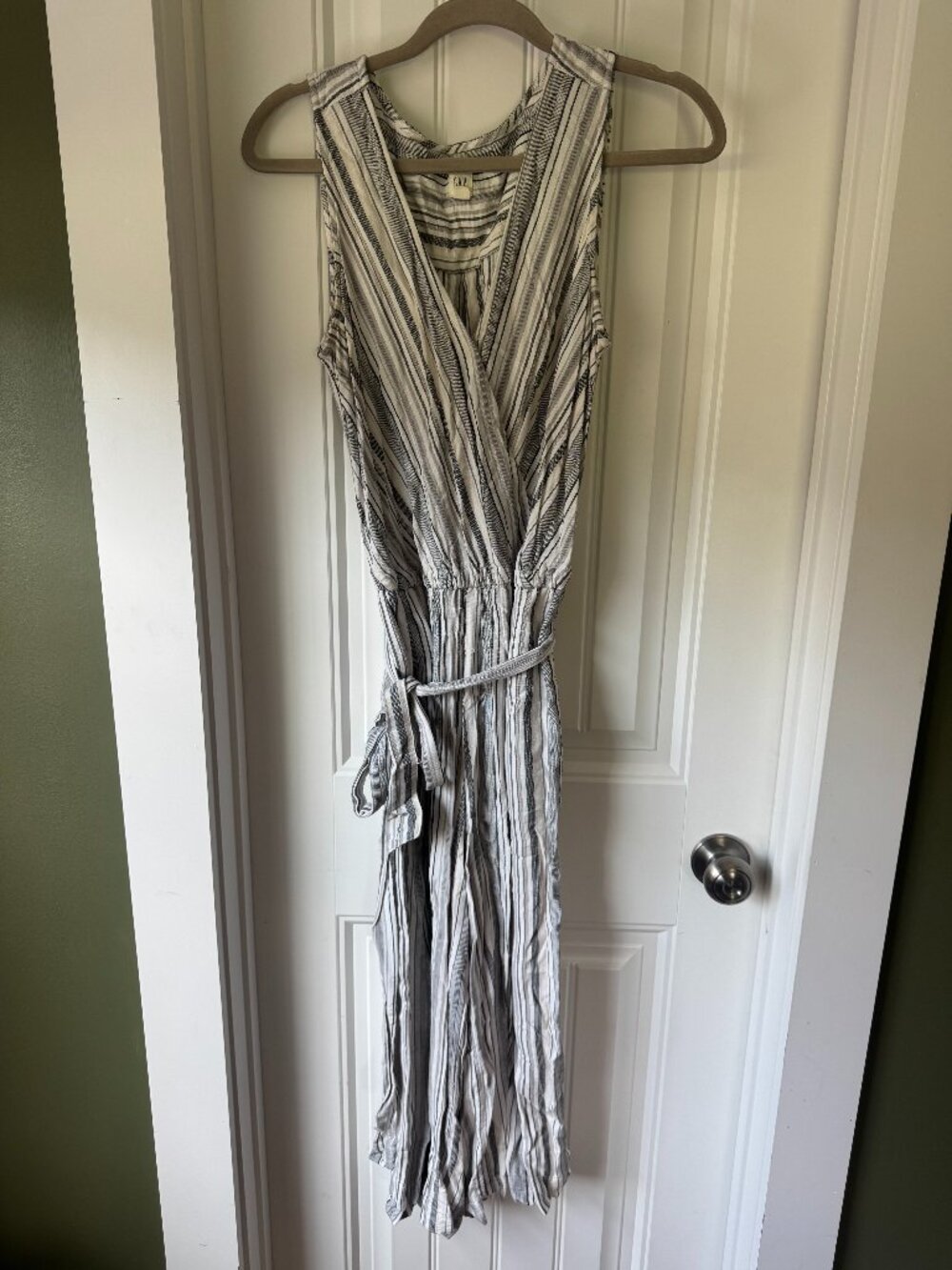 GAP Striped Sleeveless Linen Blend Wrap Front Tie Cropped Jumpsuit